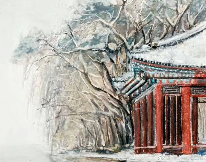 油画棒基础教程，油画棒画佛系画风的风雪江亭