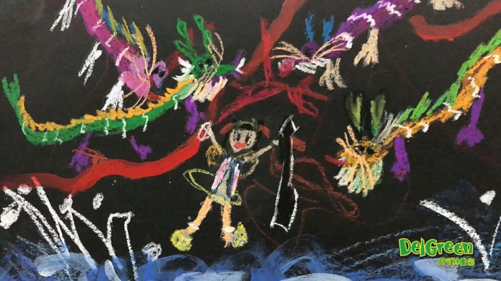 优秀儿童油画棒作品，用油画棒重温儿时经典的哪吒闹海(6)