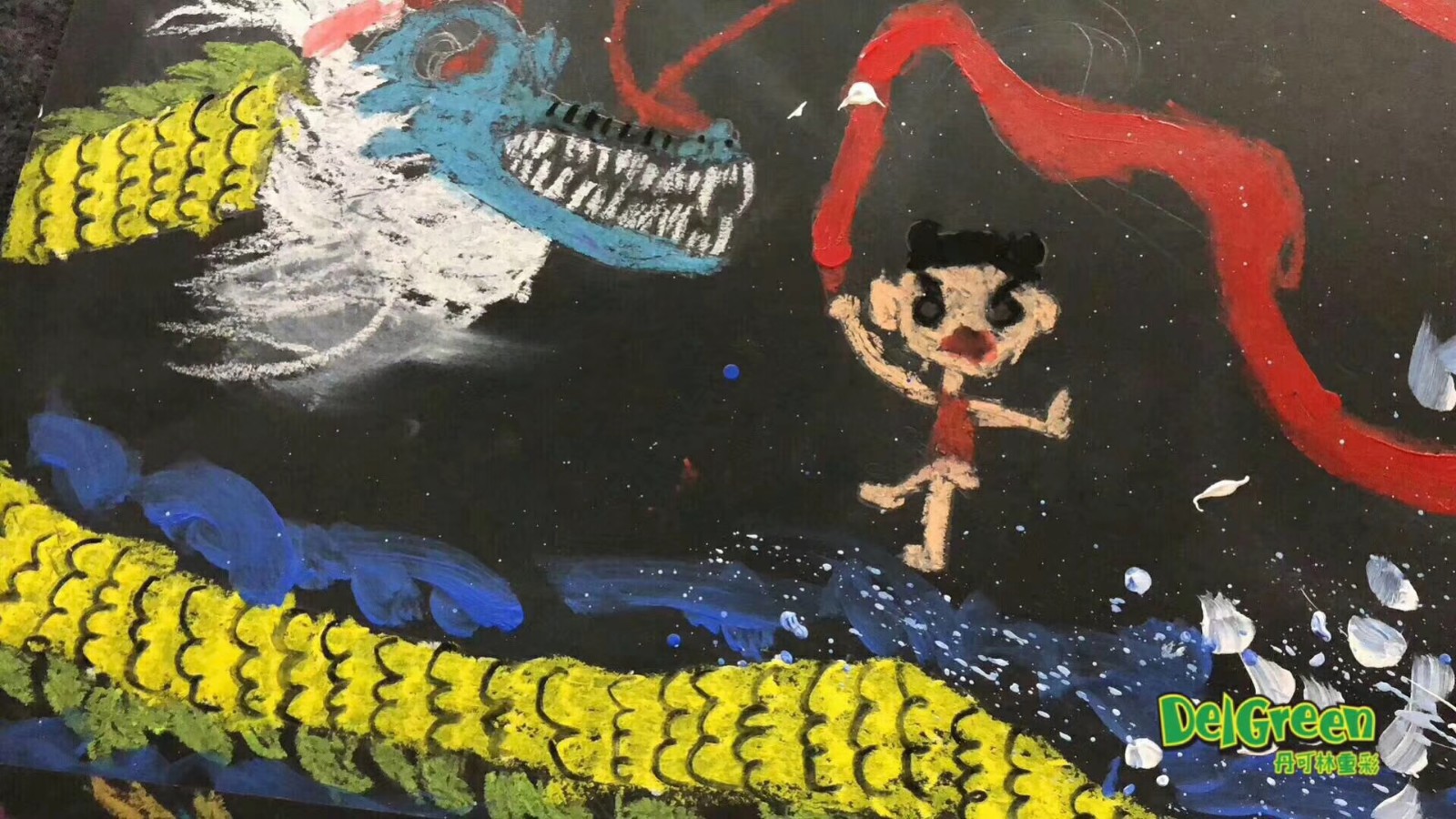 优秀儿童油画棒作品，用油画棒重温儿时经典的哪吒闹海(9)