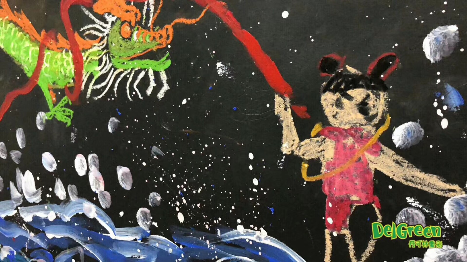 优秀儿童油画棒作品，用油画棒重温儿时经典的哪吒闹海(8)